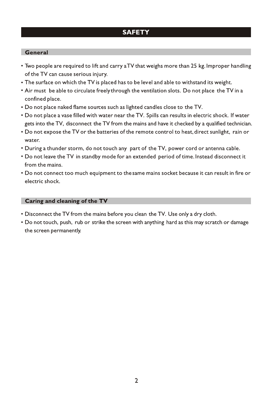 Safety, General, Carii and cleaning of the tv | Philips 14PT4525/V7 User Manual | Page 4 / 20