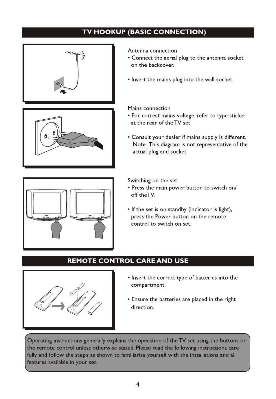 Tv hookup (basic connection), Remote control care and use | Philips 14PT4525/V7 User Manual | Page 6 / 20