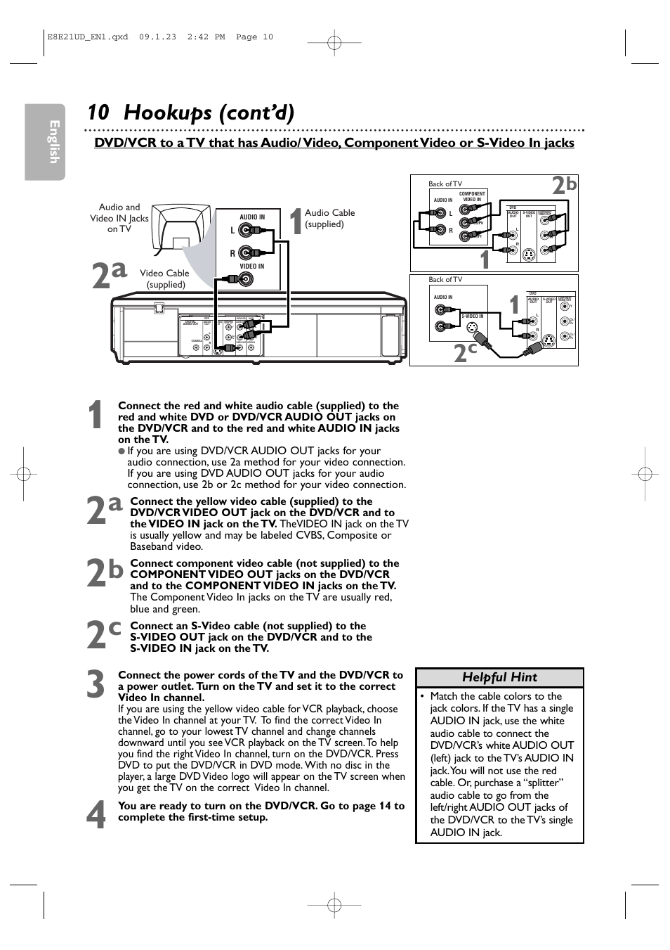 10 hookups (cont’d), English, Helpful hint | Philips DVP3345V/F7 User Manual | Page 10 / 64