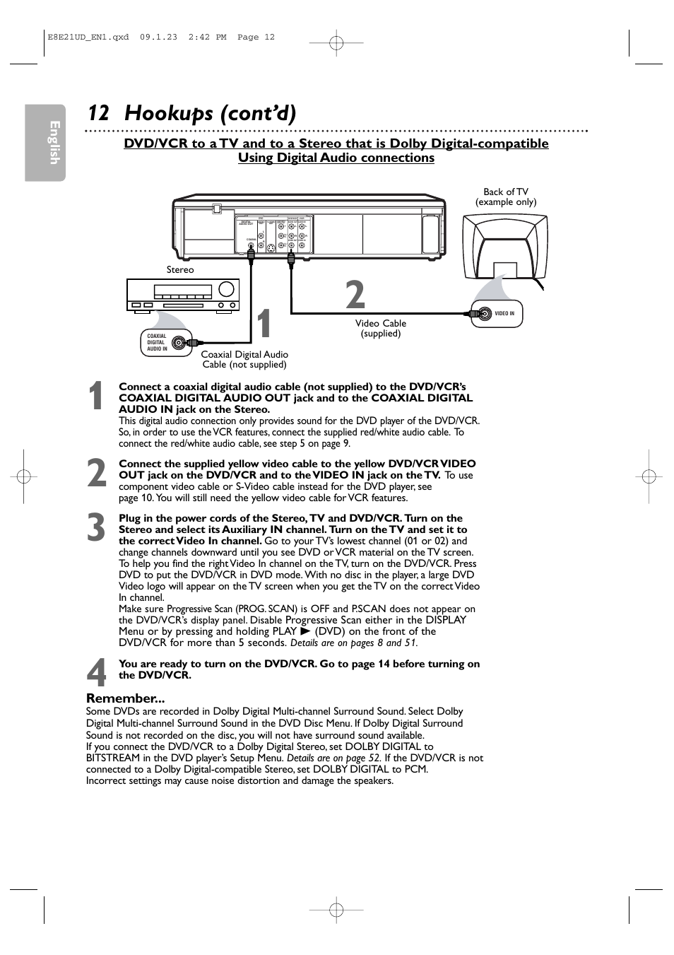 12 hookups (cont’d), English, Remember | Philips DVP3345V/F7 User Manual | Page 12 / 64