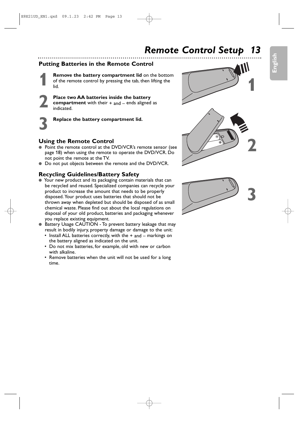 Remote control setup 13 | Philips DVP3345V/F7 User Manual | Page 13 / 64