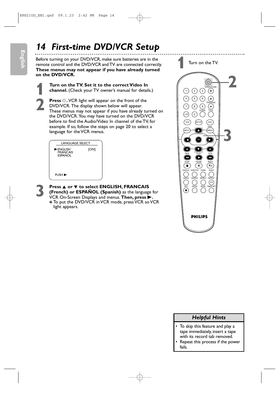 14 first-time dvd/vcr setup, English, Helpful hints | Philips DVP3345V/F7 User Manual | Page 14 / 64