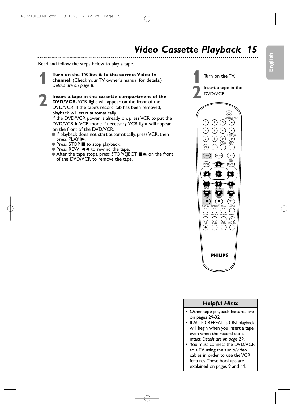 Video cassette playback 15, English, Helpful hints | Philips DVP3345V/F7 User Manual | Page 15 / 64