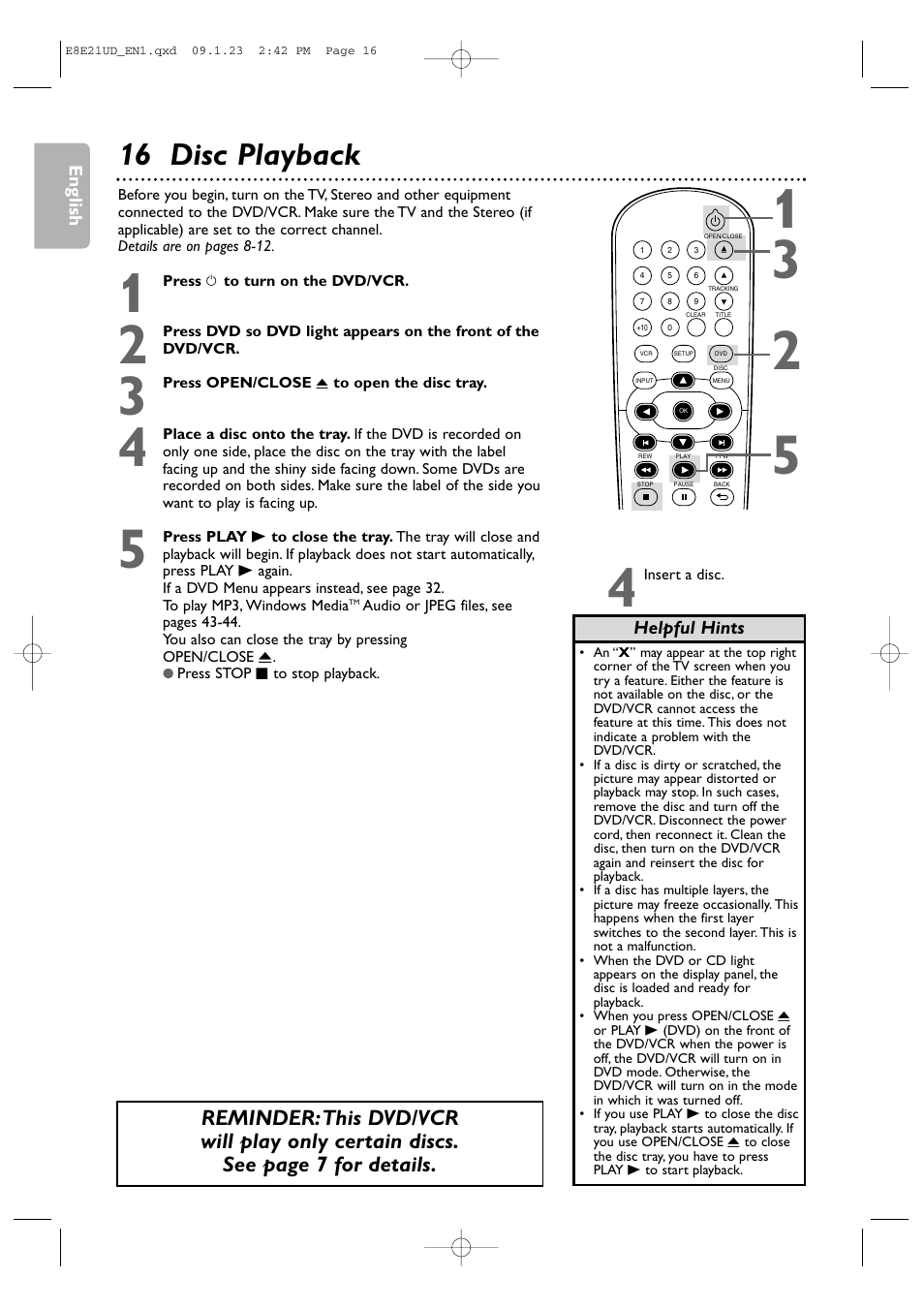 16 disc playback | Philips DVP3345V/F7 User Manual | Page 16 / 64