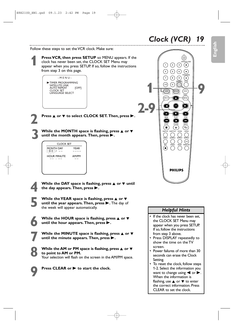 Clock (vcr) 19 | Philips DVP3345V/F7 User Manual | Page 19 / 64