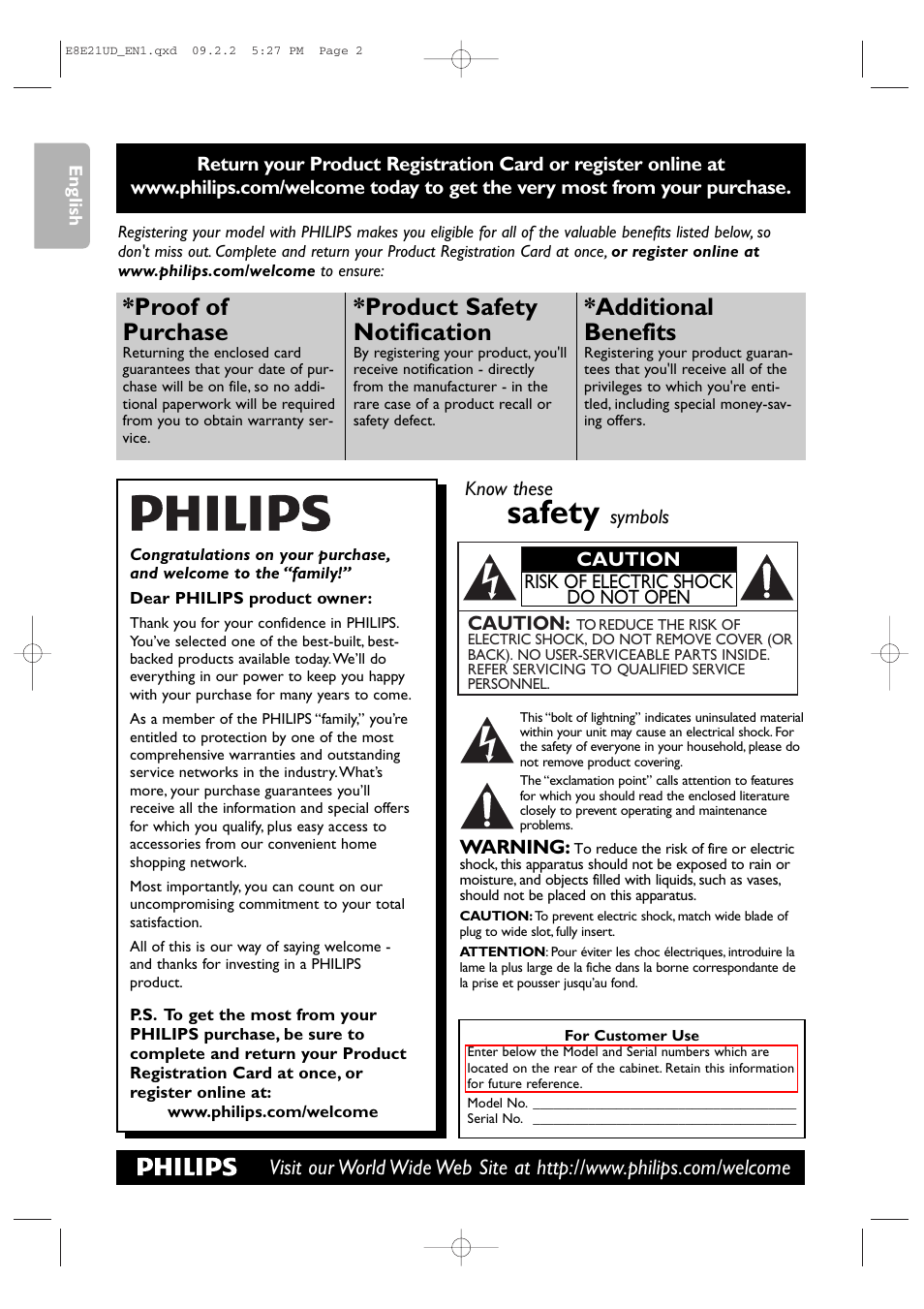 Safety, Proof of purchase, Product safety notification | Additional benefits | Philips DVP3345V/F7 User Manual | Page 2 / 64