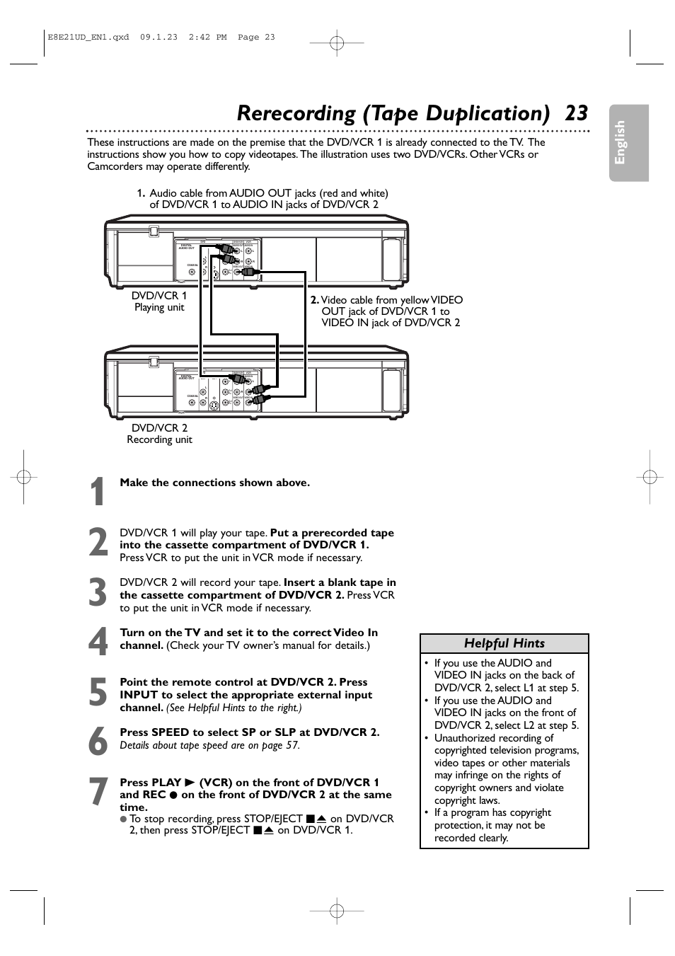 Rerecording (tape duplication) 23, English, Helpful hints | Make the connections shown above, On the front of dvd/vcr 2 at the same time | Philips DVP3345V/F7 User Manual | Page 23 / 64