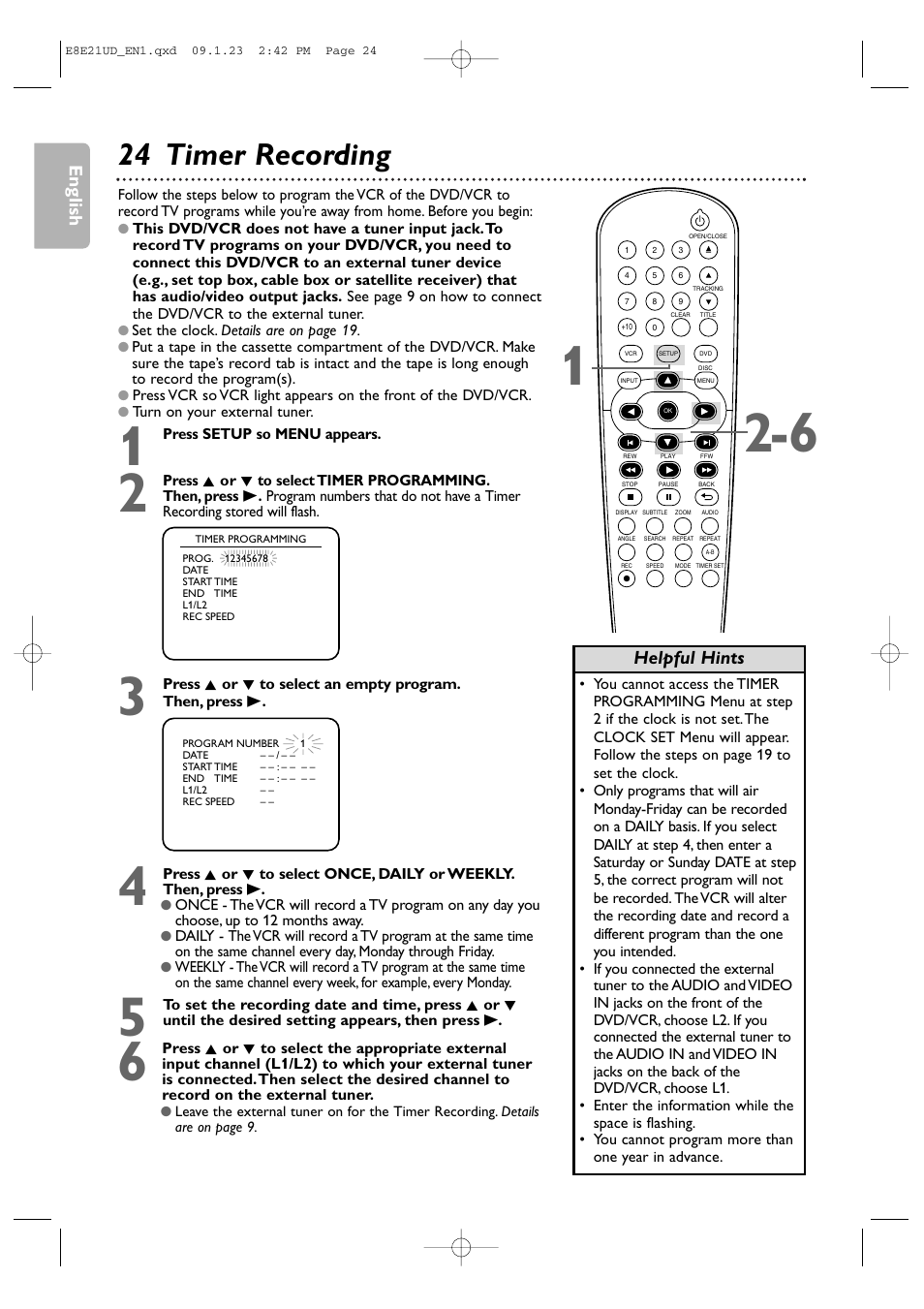 24 timer recording, English, Helpful hints | Philips DVP3345V/F7 User Manual | Page 24 / 64