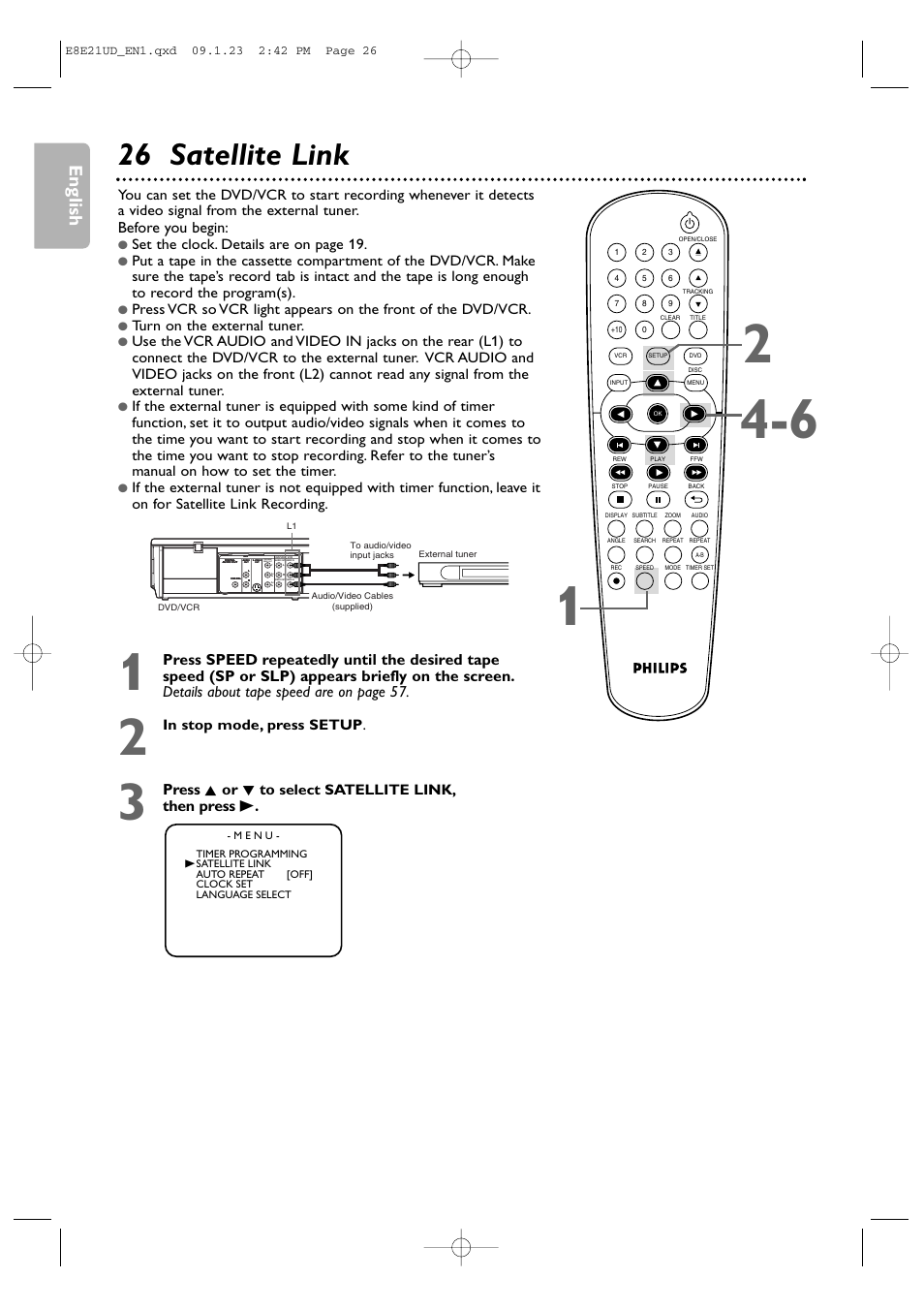 26 satellite link, English, Before you begin | Press k or l to, Then press b, Set the clock. details are on page 19, Turn on the external tuner, Select satellite link, Rcomponent video out | Philips DVP3345V/F7 User Manual | Page 26 / 64
