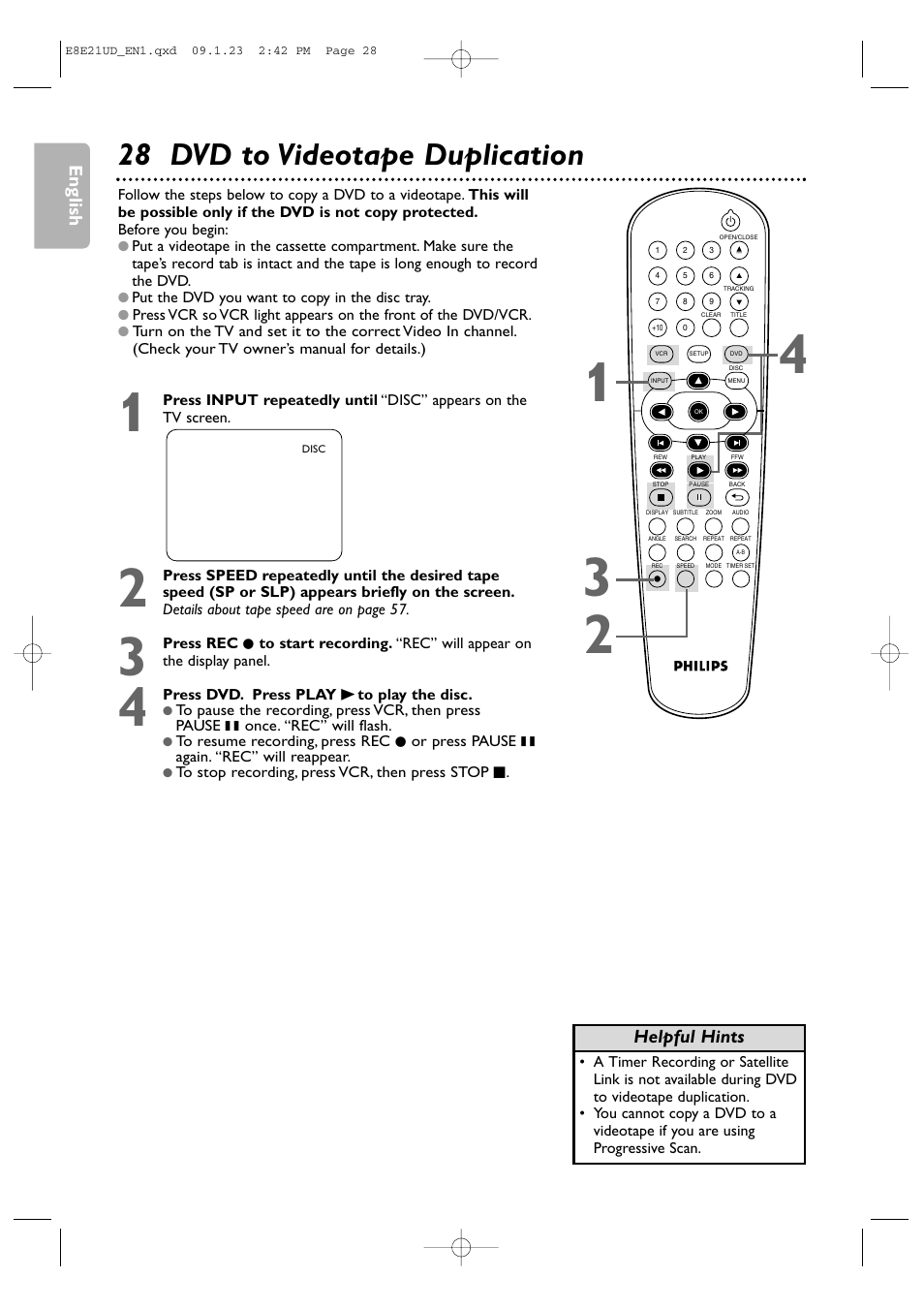 28 dvd to videotape duplication, English, Helpful hints | Philips DVP3345V/F7 User Manual | Page 28 / 64