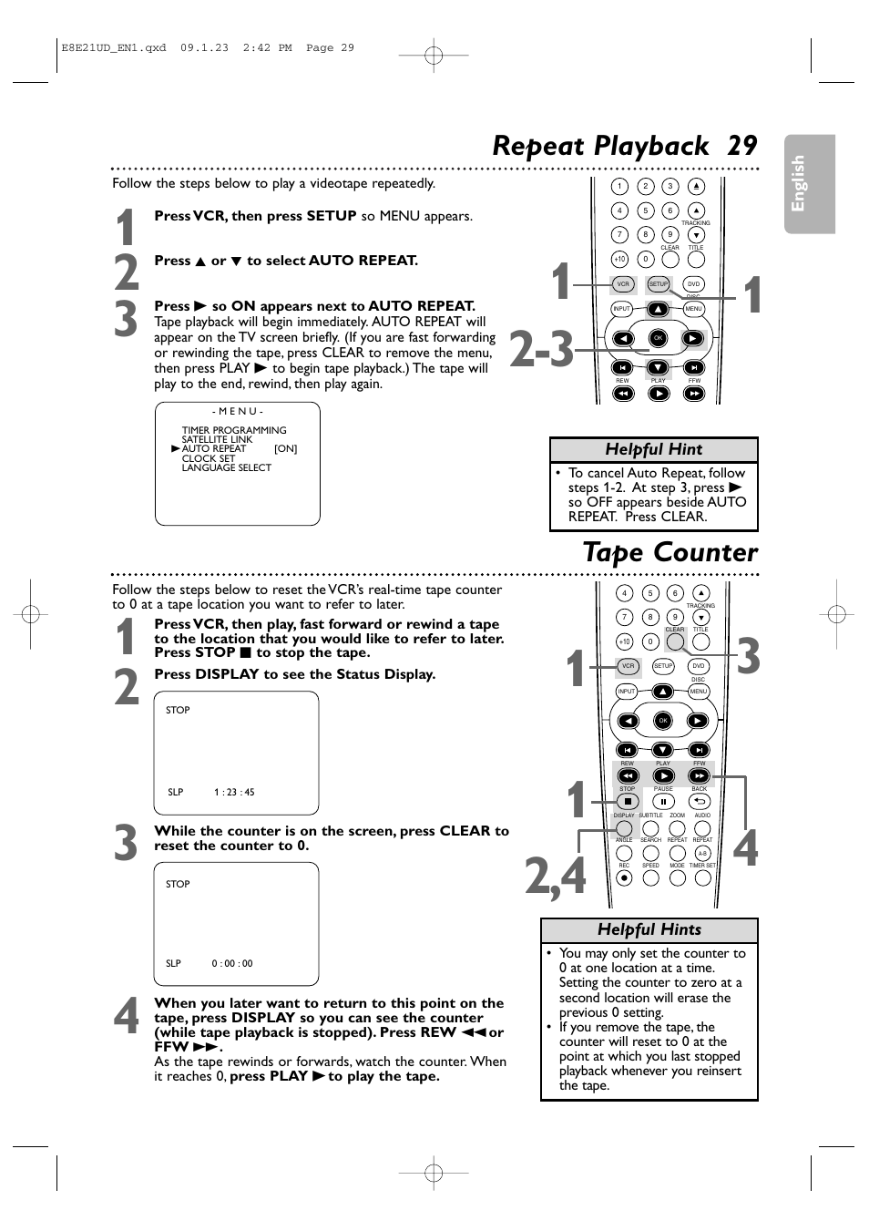 Repeat playback 29, Tape counter | Philips DVP3345V/F7 User Manual | Page 29 / 64