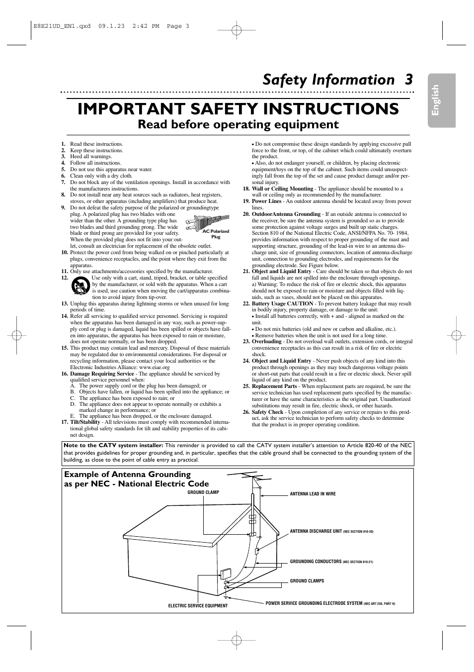 Important safety instructions, Safety information 3, Read before operating equipment | English | Philips DVP3345V/F7 User Manual | Page 3 / 64