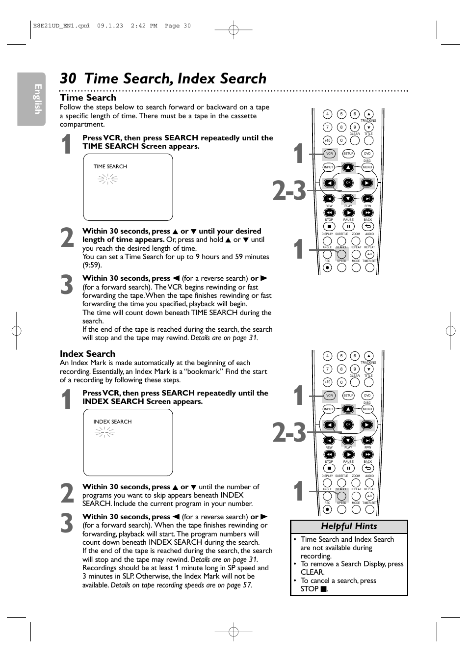 30 time search, index search, English, Time search | Helpful hints index search | Philips DVP3345V/F7 User Manual | Page 30 / 64