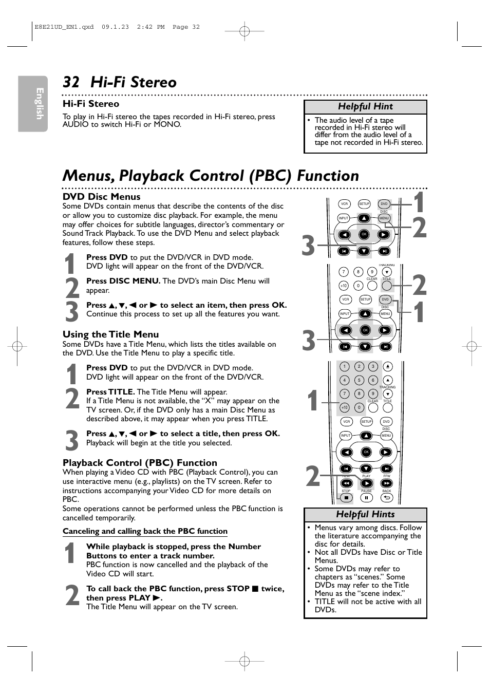 32 hi-fi stereo, Menus, playback control (pbc) function | Philips DVP3345V/F7 User Manual | Page 32 / 64