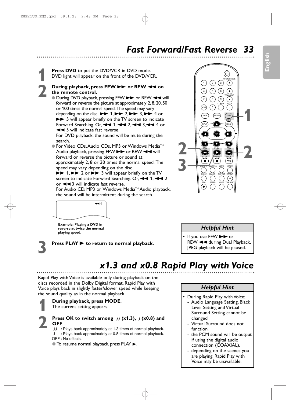 Fast forward/fast reverse 33, X1.3 and x0.8 rapid play with voice | Philips DVP3345V/F7 User Manual | Page 33 / 64