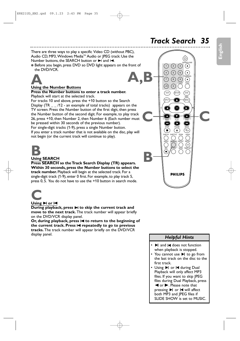 Ca,b c, Track search 35, English | Helpful hints | Philips DVP3345V/F7 User Manual | Page 35 / 64