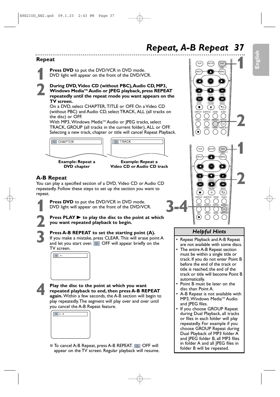 Repeat, a-b repeat 37, English, Helpful hints a-b repeat | Repeat | Philips DVP3345V/F7 User Manual | Page 37 / 64