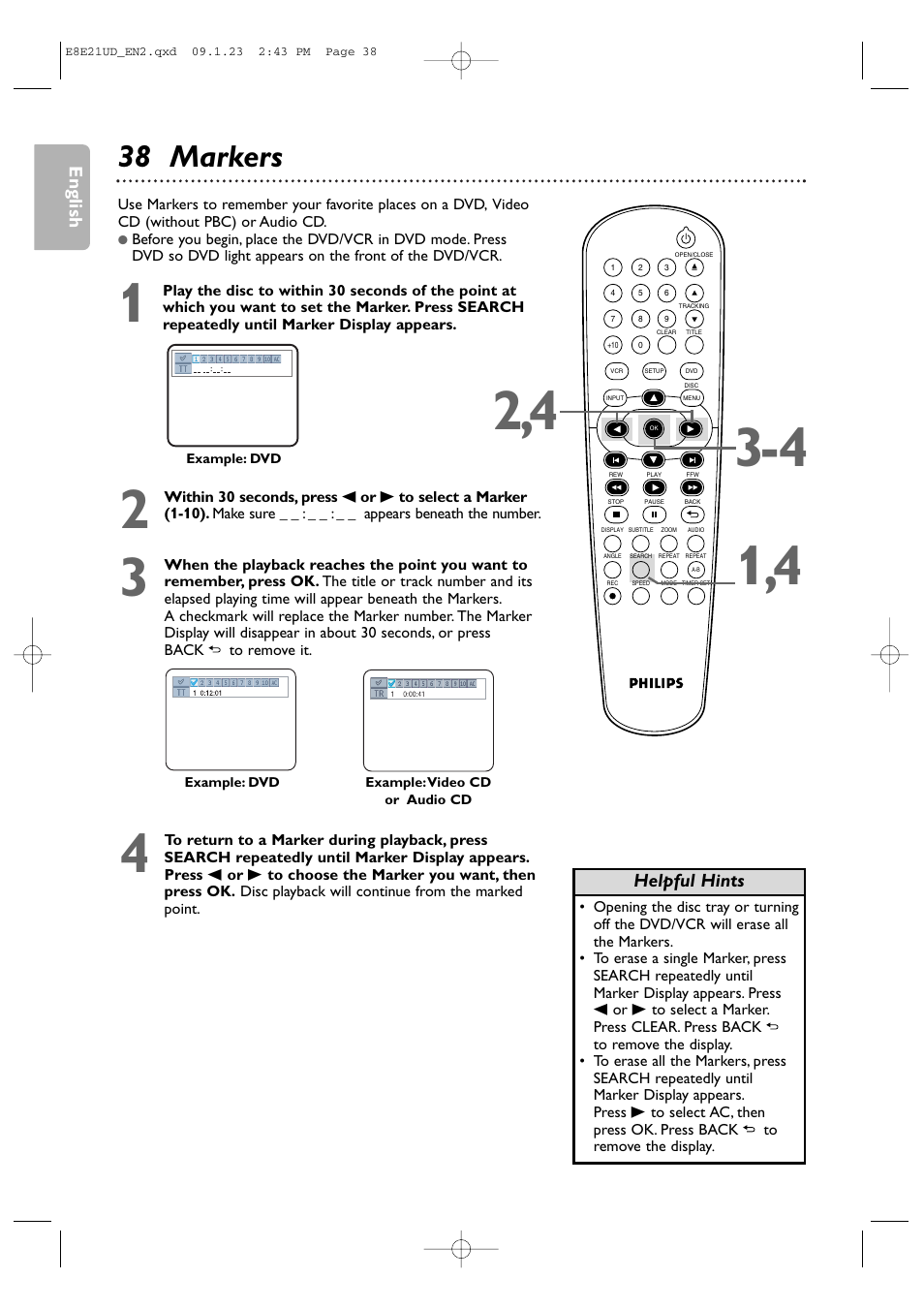 38 markers, English, Helpful hints | Philips DVP3345V/F7 User Manual | Page 38 / 64