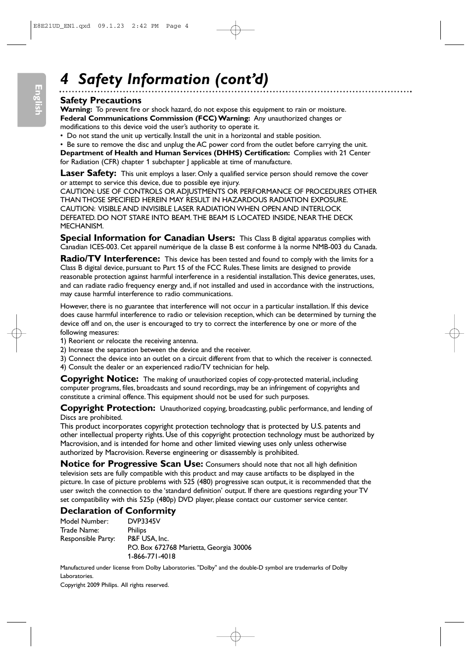 4 safety information (cont’d) | Philips DVP3345V/F7 User Manual | Page 4 / 64