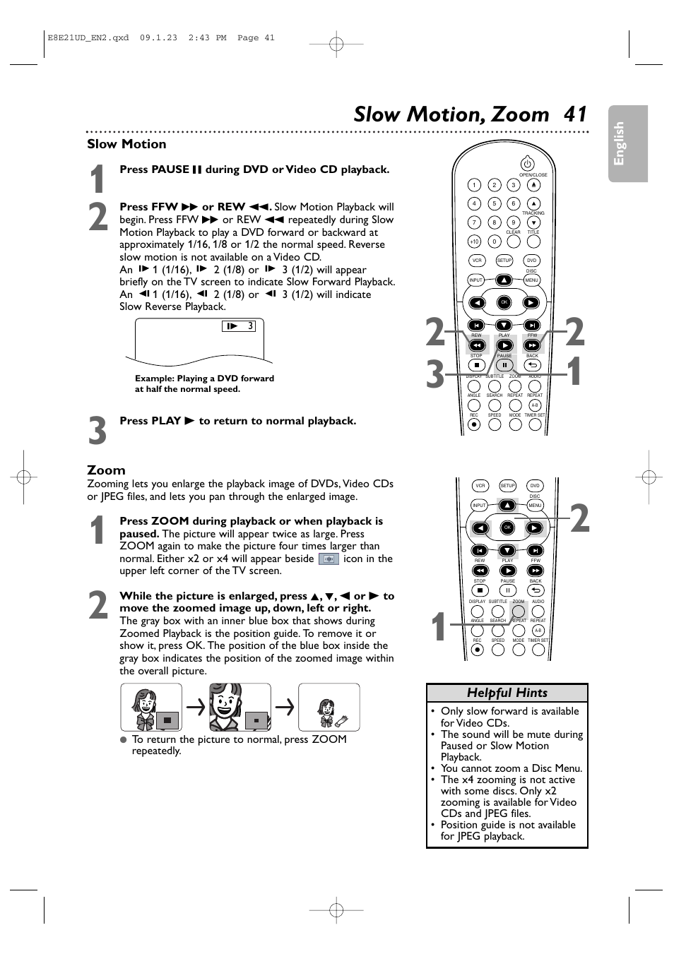 Slow motion, zoom 41, English, Slow motion | Zoom, Helpful hints | Philips DVP3345V/F7 User Manual | Page 41 / 64