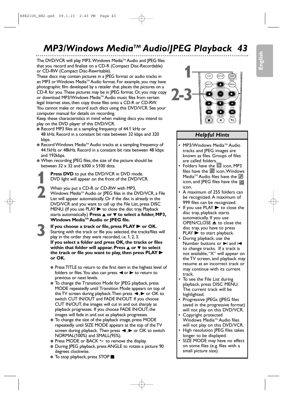 Mp3/windows media, Audio/jpeg playback 43 | Philips DVP3345V/F7 User Manual | Page 43 / 64