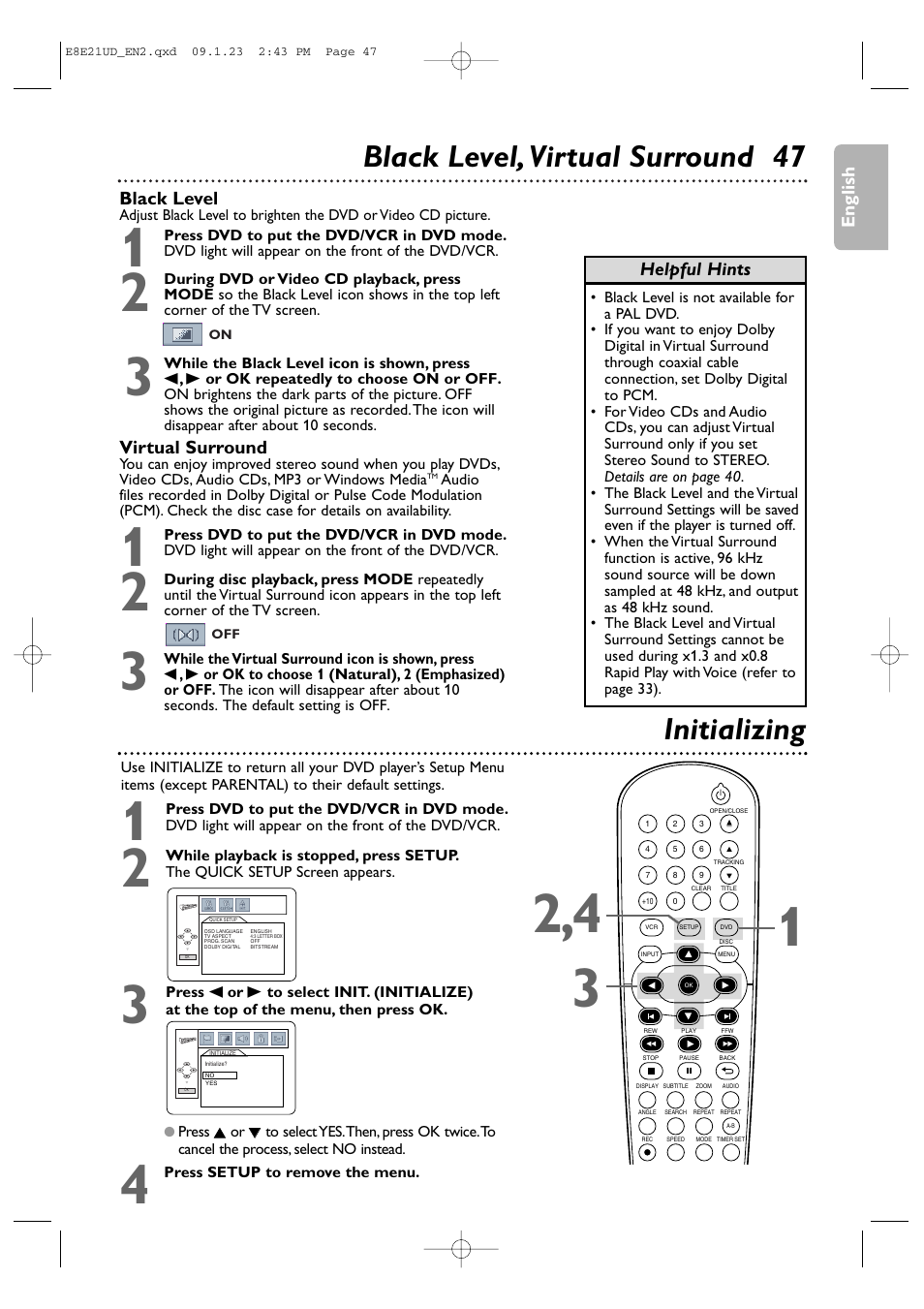Black level, virtual surround 47 initializing | Philips DVP3345V/F7 User Manual | Page 47 / 64