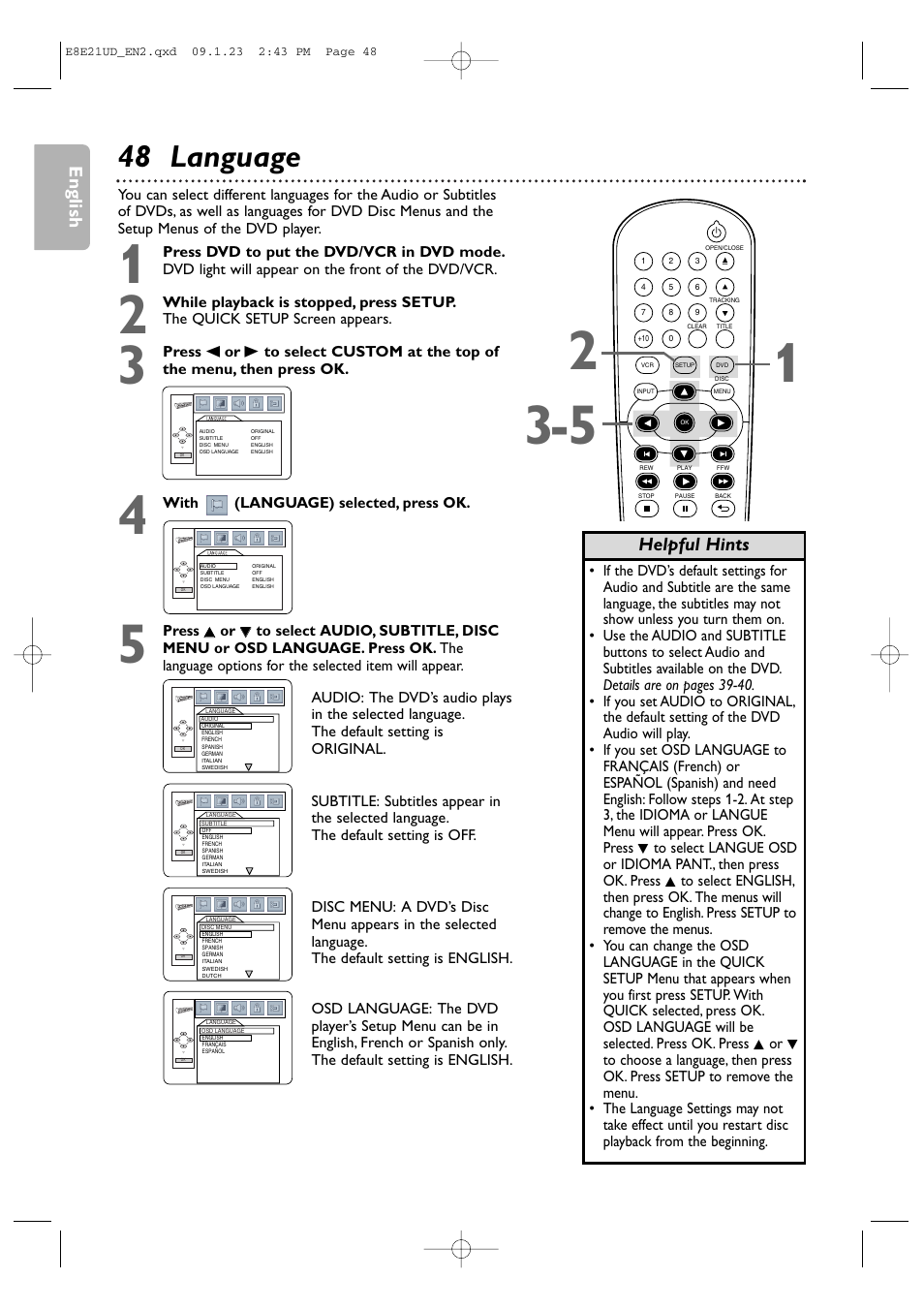 48 language, English, Helpful hints | Philips DVP3345V/F7 User Manual | Page 48 / 64