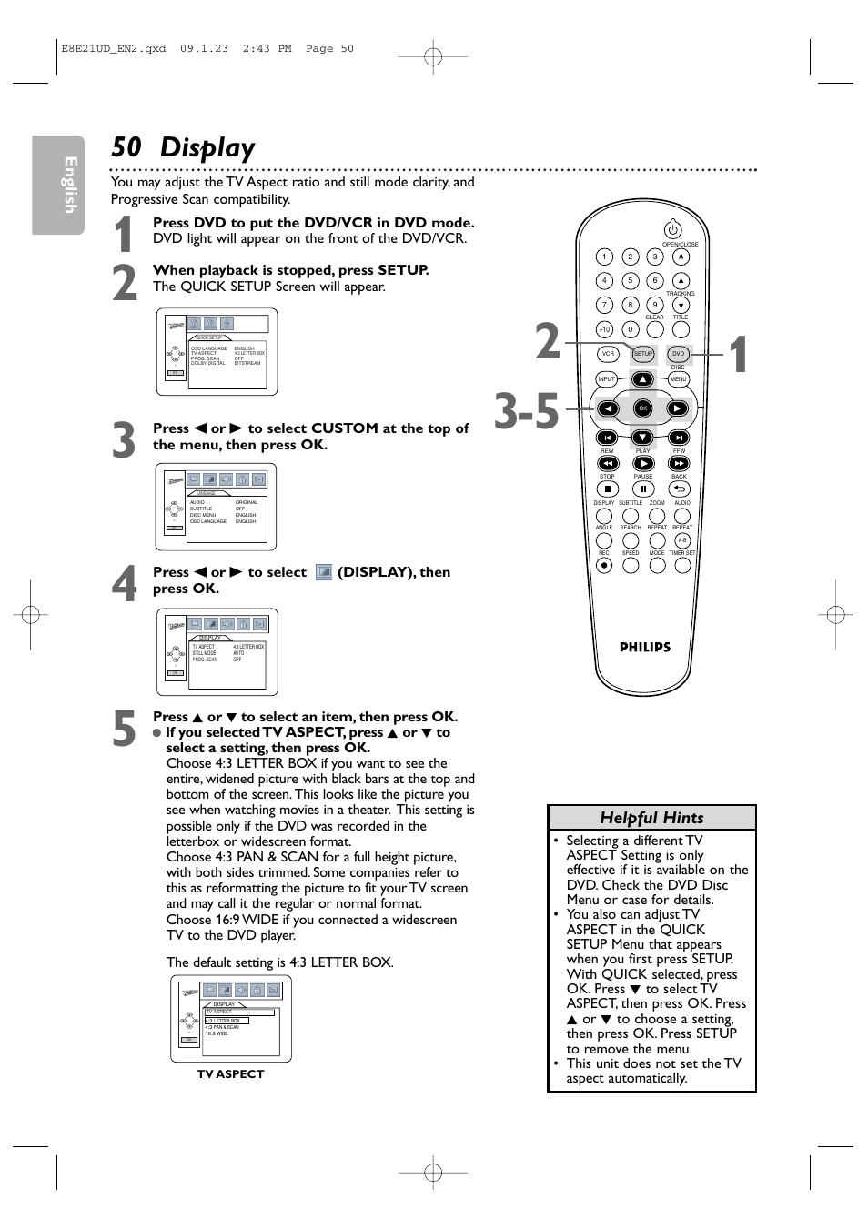 50 display, English, Helpful hints | Press s or b to select (display), then press ok, Press k or l to select an item, then press ok | Philips DVP3345V/F7 User Manual | Page 50 / 64