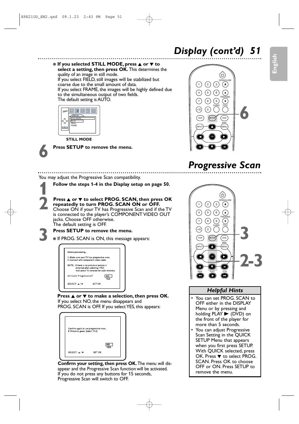 Display (cont’d) 51 progressive scan, English, Helpful hints | Philips DVP3345V/F7 User Manual | Page 51 / 64