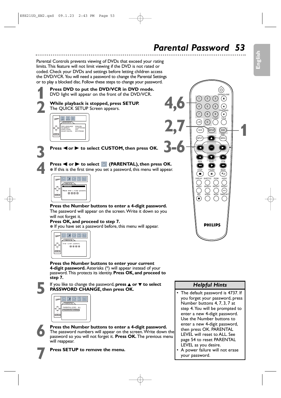 Parental password 53, English, Helpful hints | Philips DVP3345V/F7 User Manual | Page 53 / 64