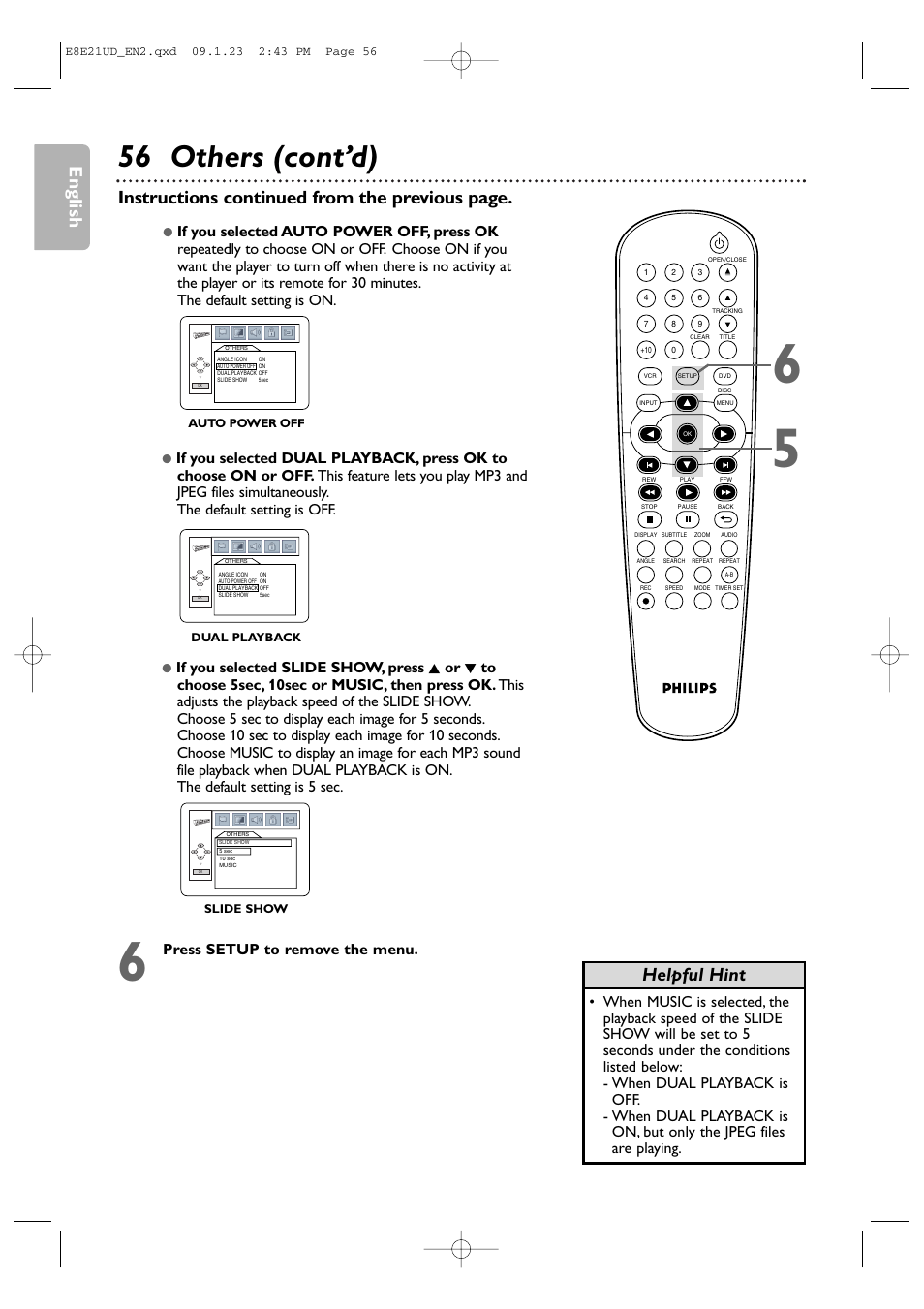 56 others (cont’d), English, Helpful hint | Instructions continued from the previous page | Philips DVP3345V/F7 User Manual | Page 56 / 64