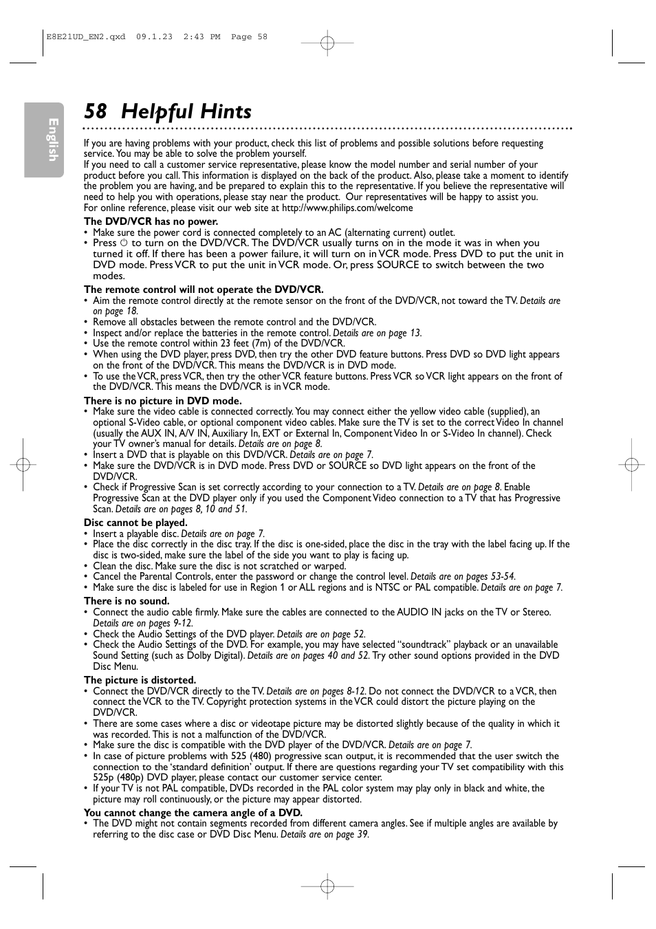 58 helpful hints | Philips DVP3345V/F7 User Manual | Page 58 / 64