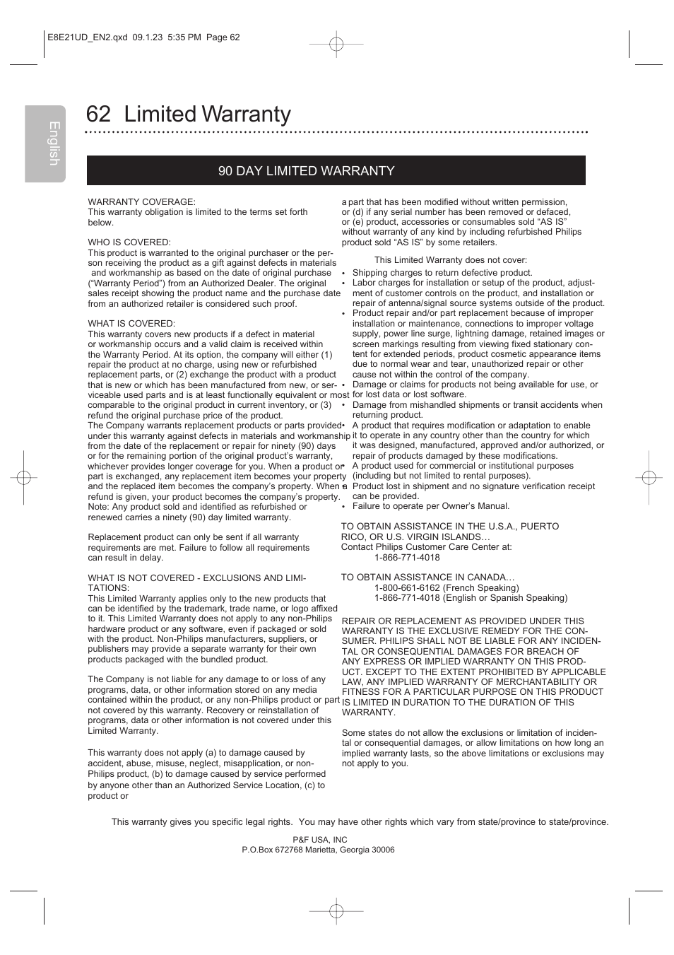 62 limited warranty, English, 90 day limited warranty | Philips DVP3345V/F7 User Manual | Page 62 / 64