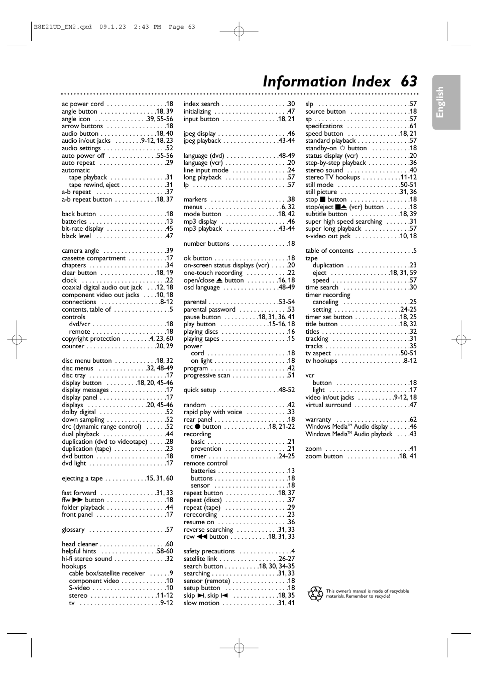 Information index 63, English | Philips DVP3345V/F7 User Manual | Page 63 / 64