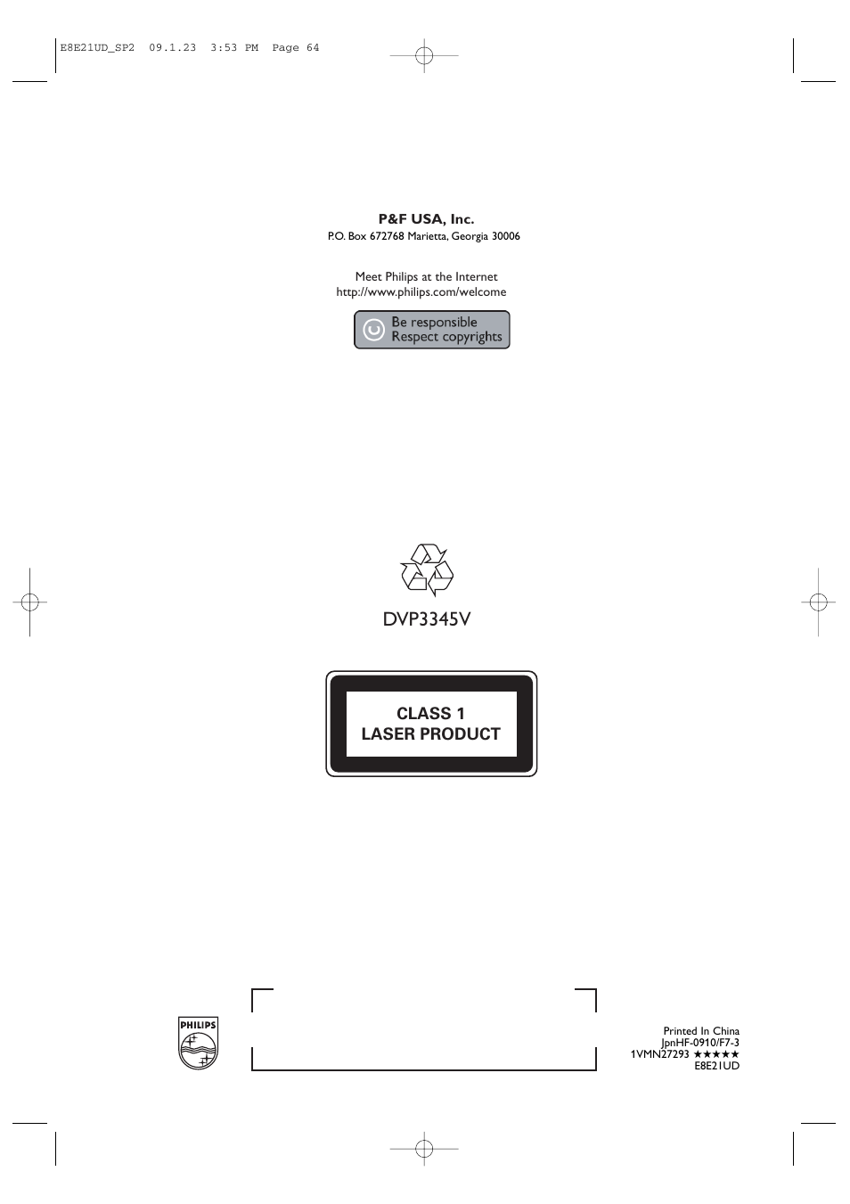 Dvp3345v, Class 1 laser product | Philips DVP3345V/F7 User Manual | Page 64 / 64