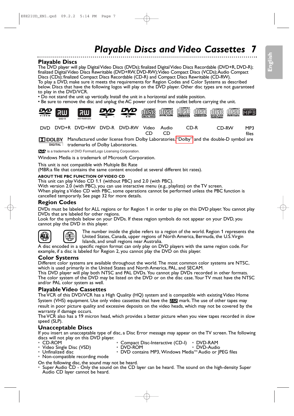 Playable discs and video cassettes 7 | Philips DVP3345V/F7 User Manual | Page 7 / 64