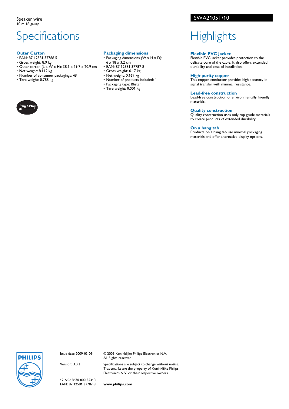 Specifications, Highlights | Philips SWA2105T User Manual | Page 2 / 2