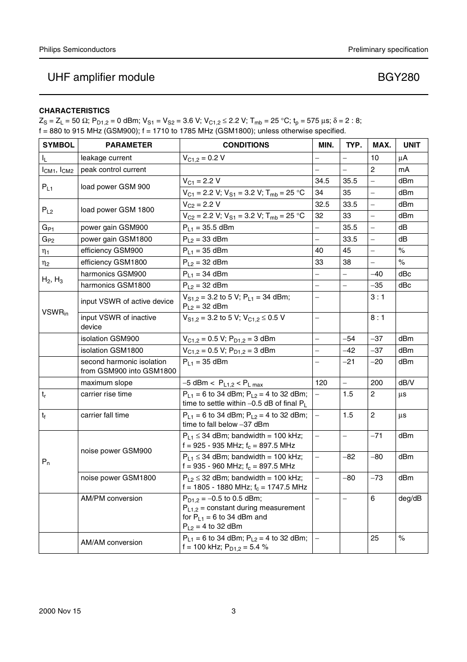 Characteristics, Uhf amplifier module bgy280 | Philips BGY280 User Manual | Page 3 / 11