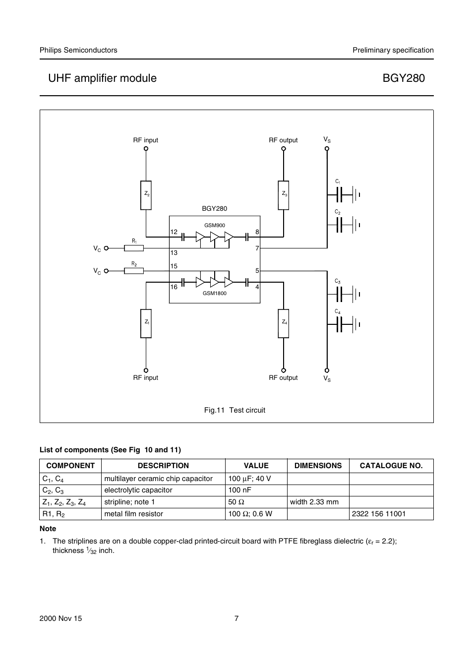 List of components, Uhf amplifier module bgy280 | Philips BGY280 User Manual | Page 7 / 11