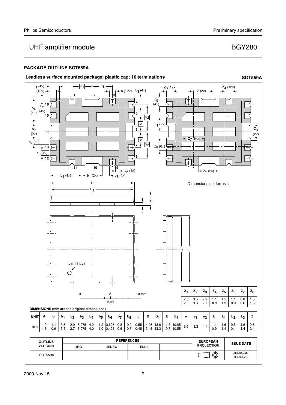 Package outline sot559a, Sot559a, Uhf amplifier module bgy280 | Philips BGY280 User Manual | Page 9 / 11