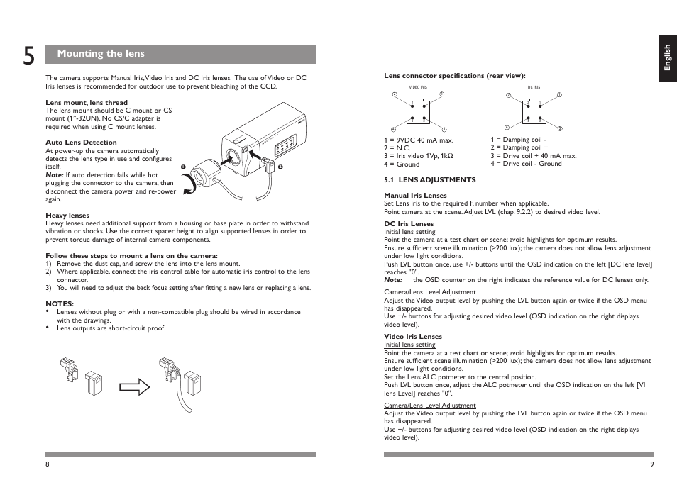 Mounting the lens, Mo de, Lv l bl c sh ut ll ph as e | Philips LTC0500 User Manual | Page 6 / 11