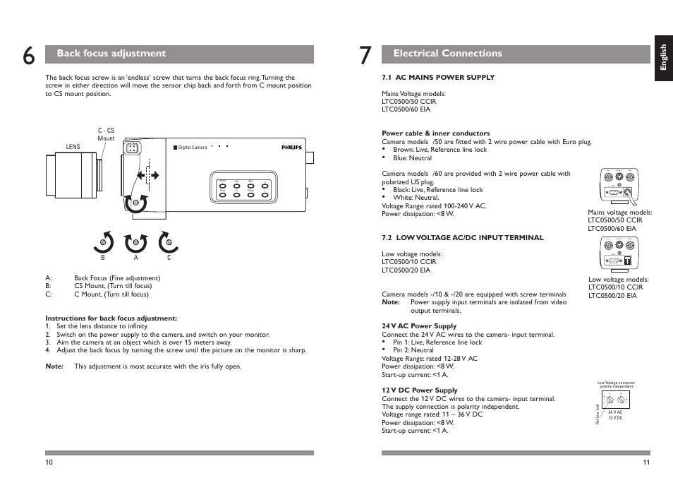 Electrical connections, Back focus adjustment | Philips LTC0500 User Manual | Page 7 / 11