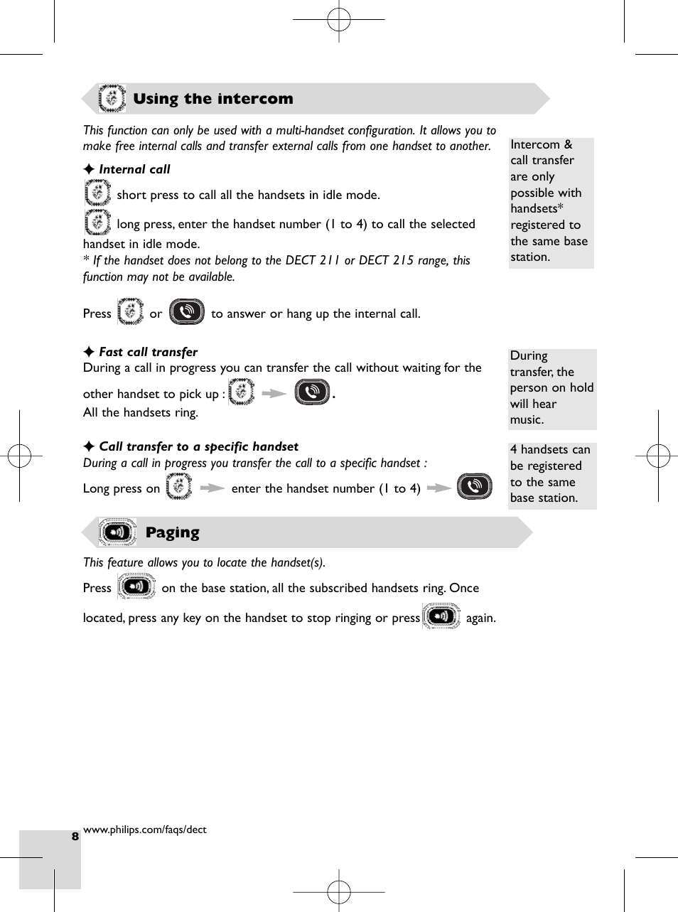 Using the intercom, Paging, Validation and intercom key | Call in progress, Internal call | Philips DECT 215 User Manual | Page 10 / 20