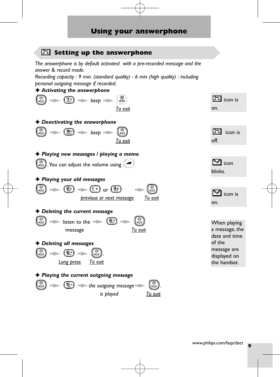 Using your answerphone, Setting up the answerphone, Message indicator on answerphone (dect 215 only) | Philips DECT 215 User Manual | Page 11 / 20