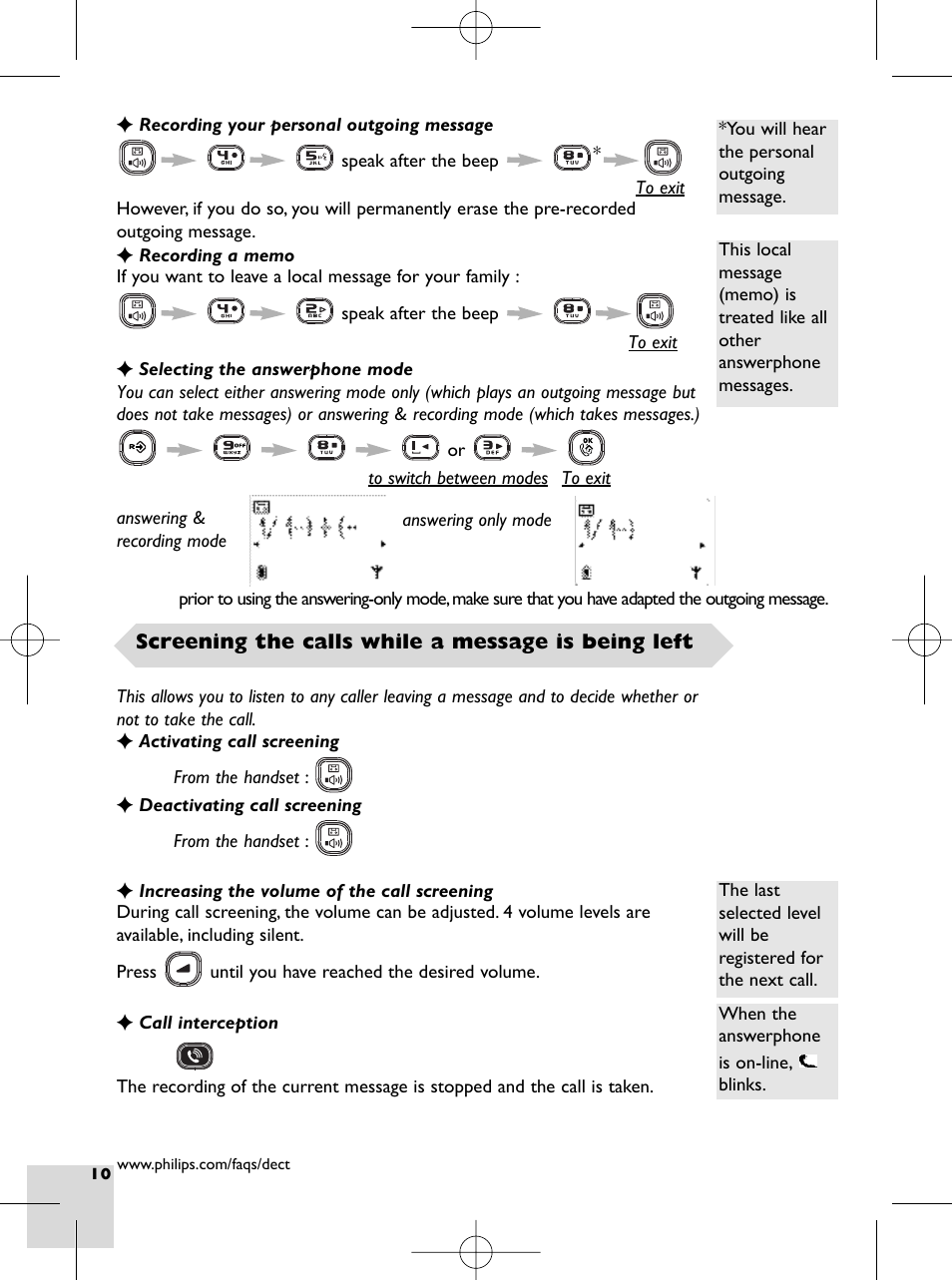 Screening the calls while a message is being left | Philips DECT 215 User Manual | Page 12 / 20