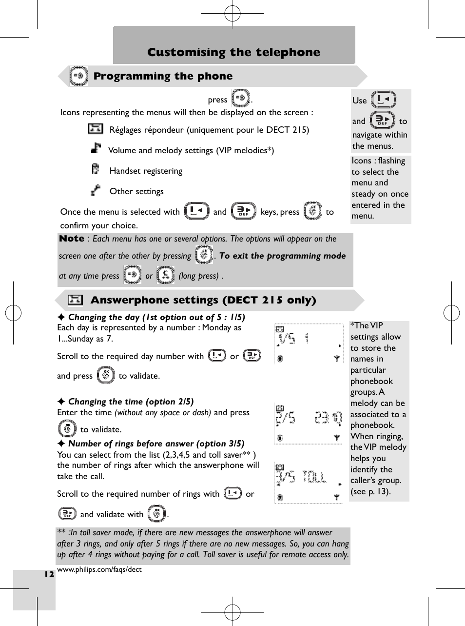 Customising the telephone, Programming the phone, Answerphone settings (dect 215 only) | Philips DECT 215 User Manual | Page 14 / 20