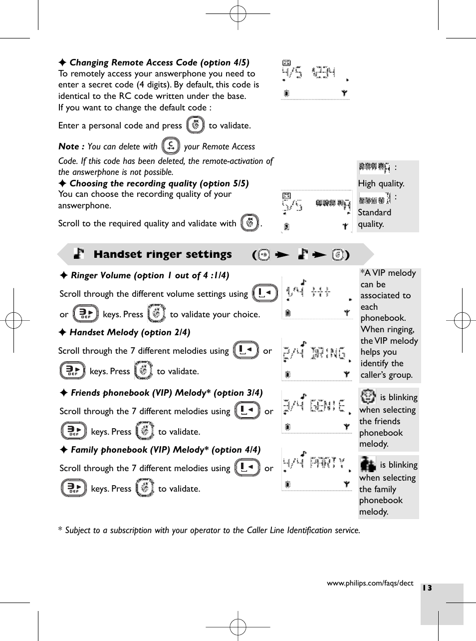 Handset ringer settings, P 13 | Philips DECT 215 User Manual | Page 15 / 20