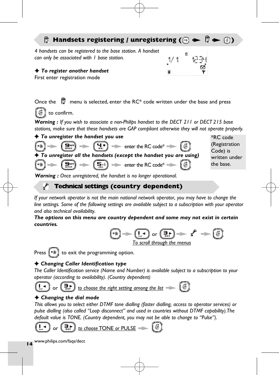 Handset registering / unregistering, Technical settings, Programming and recall type key | P 14 | Philips DECT 215 User Manual | Page 16 / 20