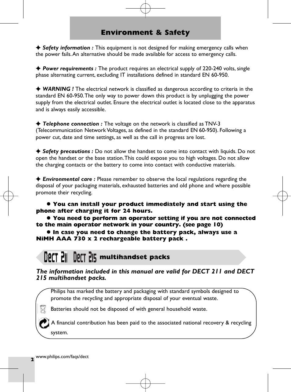 Environment & safety, Dect 211 & dect 215 multihandset packs | Philips DECT 215 User Manual | Page 4 / 20