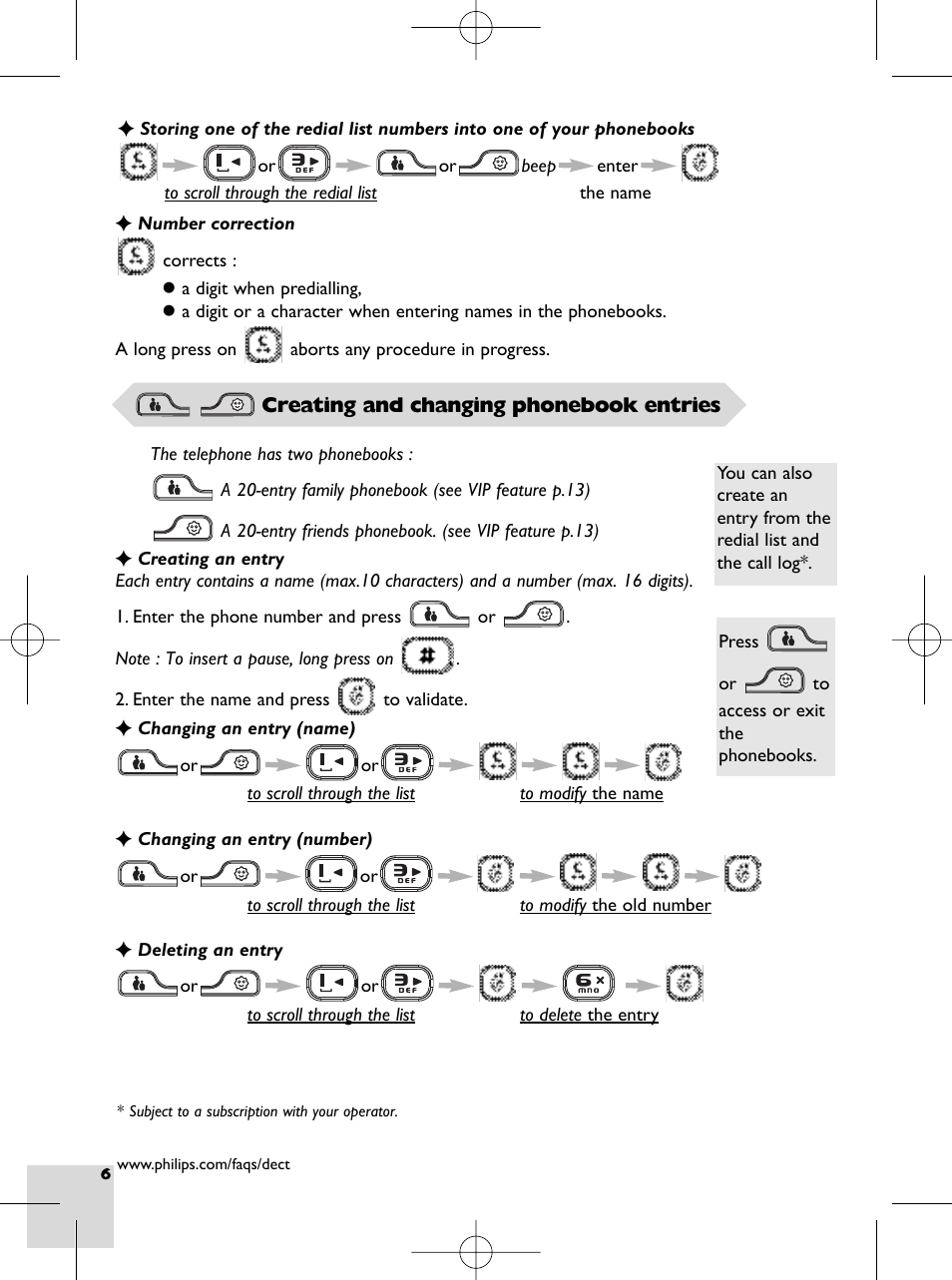 Creating and changing phonebook entries, Phonebook keys, Friend phonebook | Family phonebook | Philips DECT 215 User Manual | Page 8 / 20